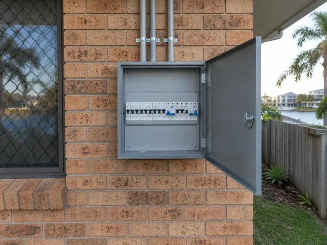 Open exterior switchboard on a brick house wall beside a window in Broadbeach Waters